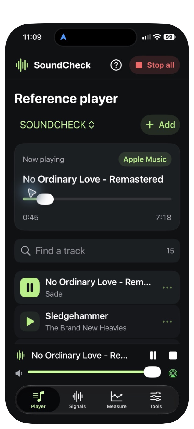 SoundCheck on iPhone playing No Ordinary Love by Sade, with track controls and Player, Signals, Measure and Tools tabs.